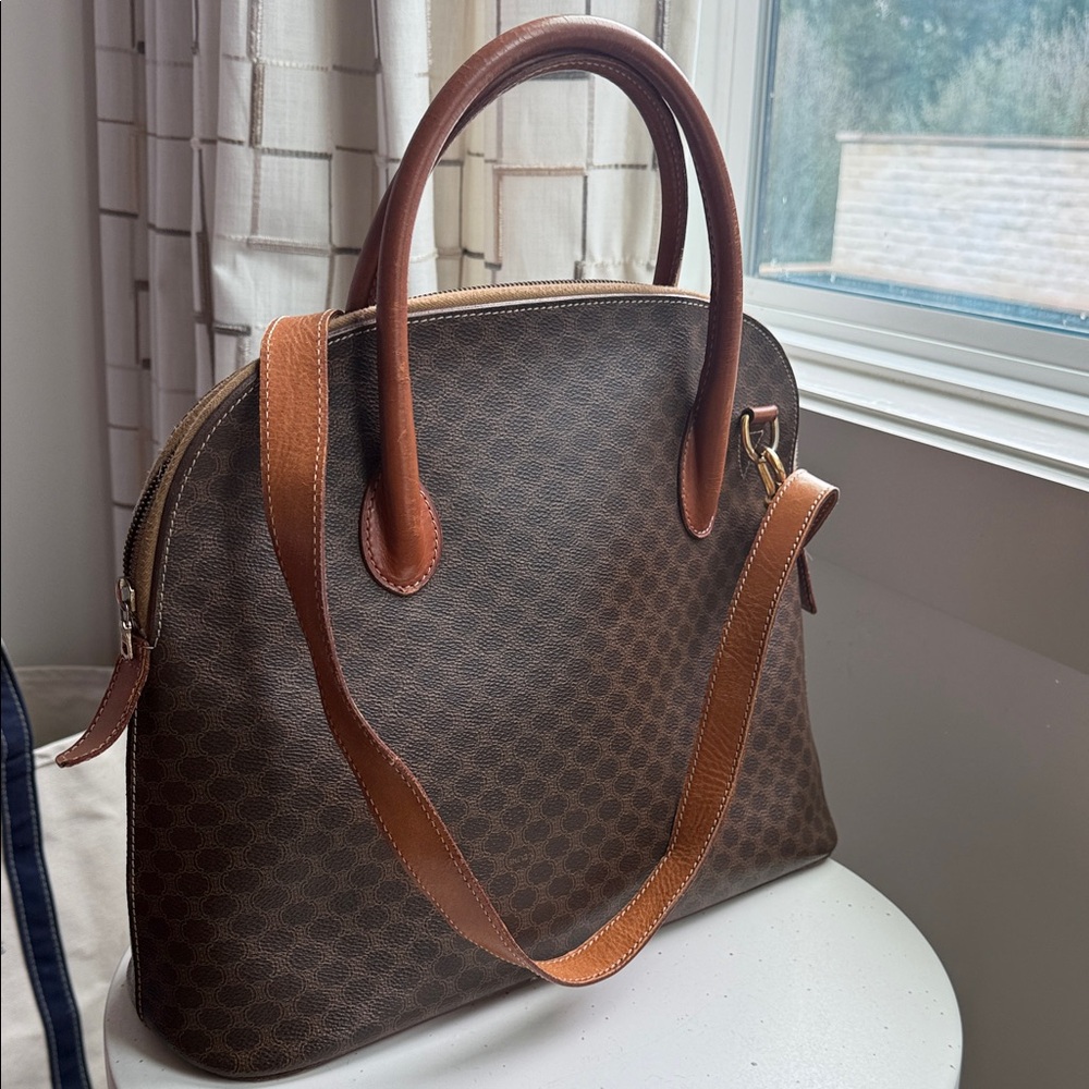 Authentic CELINE Brown Macadam PVC
Canvas Alma 2 Way Shoulder Bag Purse
#60659